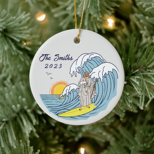 Personalised Jesus Surfing Christmas Holiday Ceramic Ornament (Tree)
