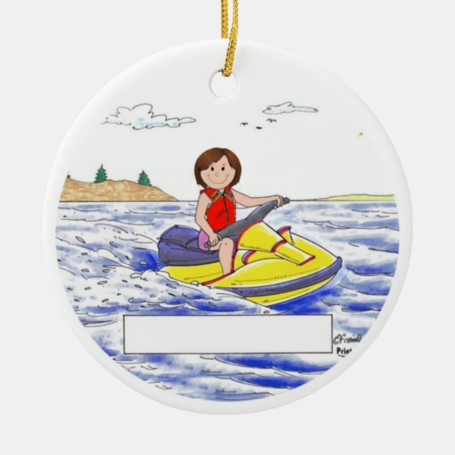 Personalised Jet Skier - Female, Brown Hair Ceramic Ornament (Front)