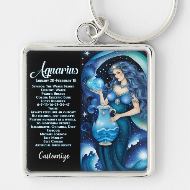 Personalised Jewel Galaxy Zodiac Aquarius Key Ring (Front)
