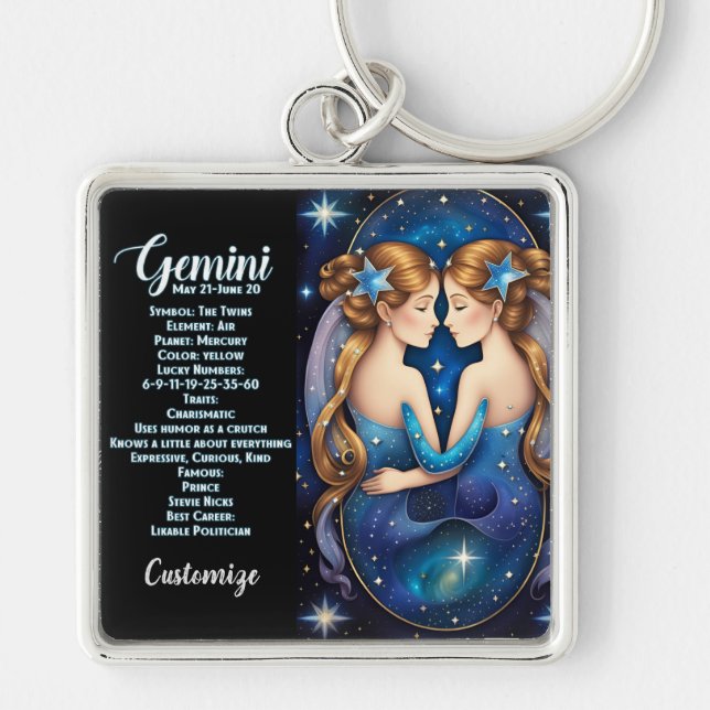 Personalised Jewel Galaxy Zodiac Gemini Key Ring (Front)