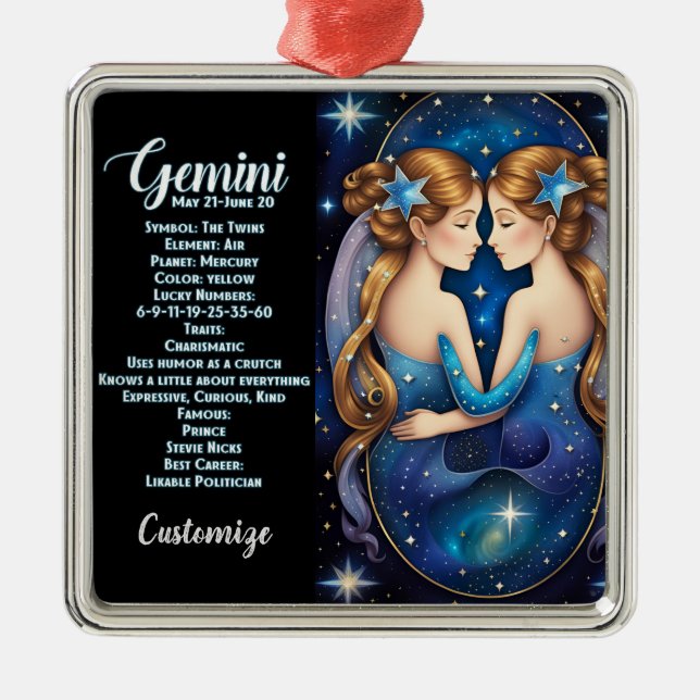 Personalised Jewel Galaxy Zodiac Gemini Metal Ornament (Front)