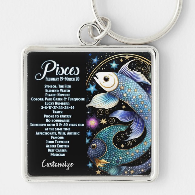 Personalised Jewel Galaxy Zodiac Pisces Key Ring (Front)