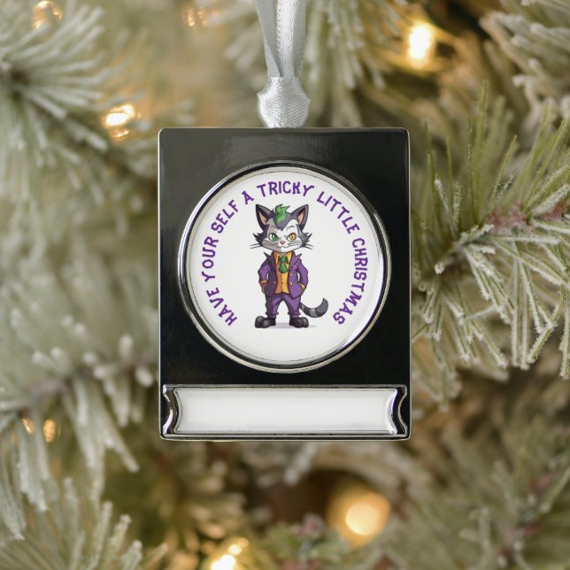 Personalised Joker Cat Tricky Little Christmas Silver Plated Banner Ornament (Tree)