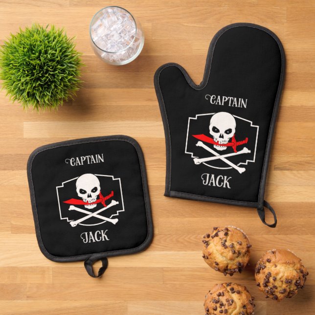 Personalised Jolly Roger (Cutlass)  Oven Mitt & Pot Holder Set (Top Down)