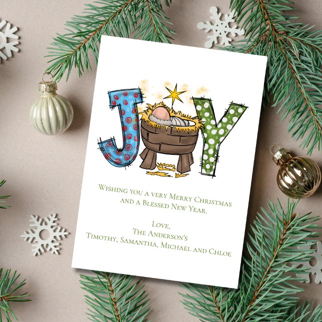Personalised Joy Baby Jesus Religious Christmas  Holiday Card (Joy Christmas Card Personalized Add your own greeting. Baby Jesus in Manger.)