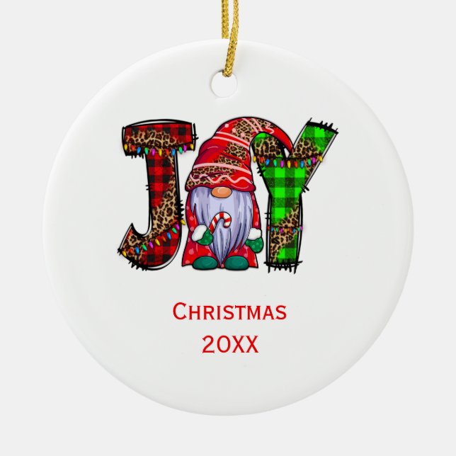 Personalised Joy Gnomes Merry Christmas  Ceramic Ornament (Front)