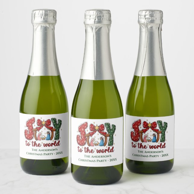Personalised Joy Merry Christmas Manger Scene Sparkling Wine Label (Bottles)