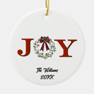 Personalised Joy With Wreath Ceramic Ornament