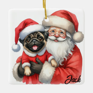 Personalised Joyful Pug Dog with Santa Ceramic Ornament