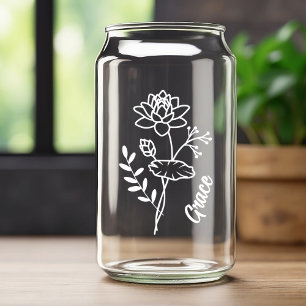 Personalised July Birth Month Flower Water Lily WT Can Glass