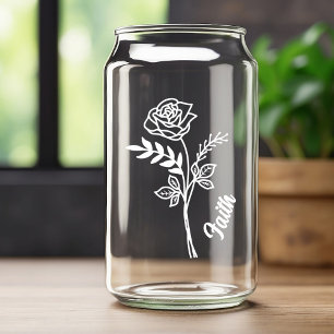 Personalised June Birth Month Flower Rose White Can Glass