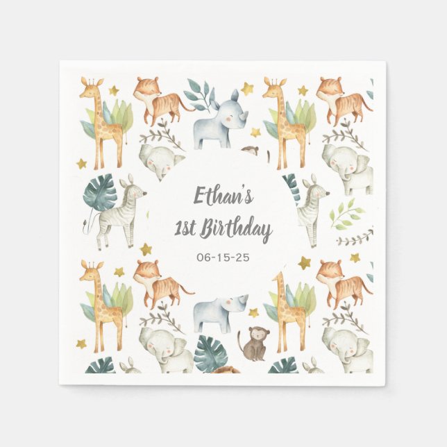 Personalised Jungle animals first birthday party Napkin (Front)