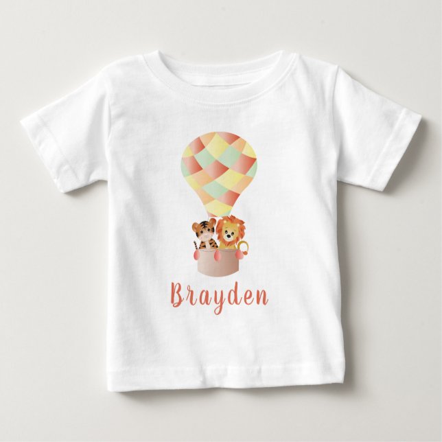 Personalised Jungle Animals In Balloon Colourful Baby T-Shirt (Front)