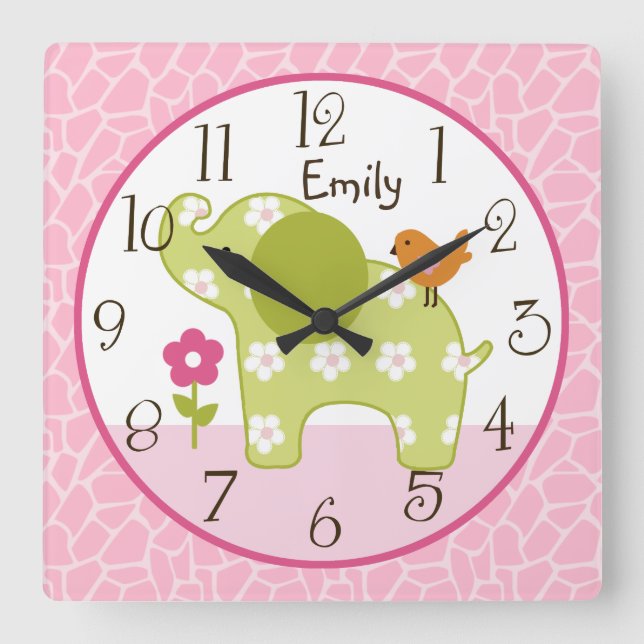 Personalised Jungle Girl Elephant  Nursery Clock (Front)
