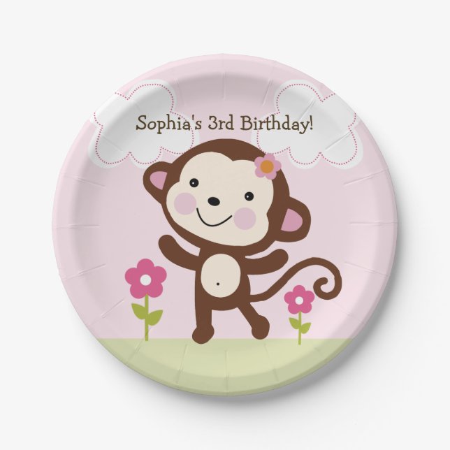 Personalised Jungle Girl Monkey Party Plates (Front)