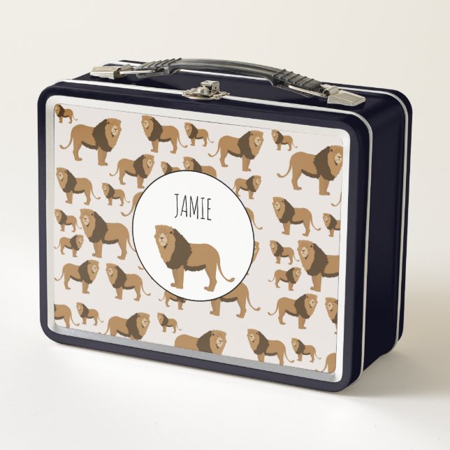 Personalised Jungle Lion Animal Pattern Metal Lunch Box (Front)