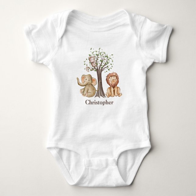 Personalised Jungle Safari Animals Lion Monkey  Baby Bodysuit (Front)