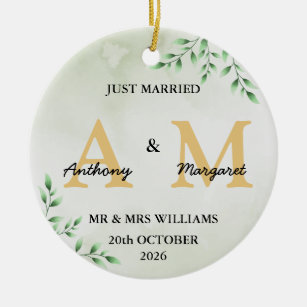Personalised Just Married monogram Names Mr & Mrs Ceramic Ornament