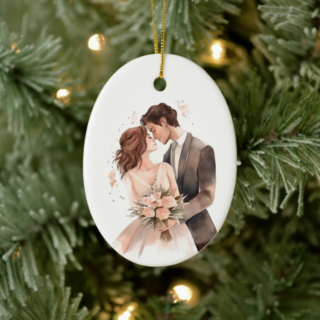 Personalised Just Married Wedding Couple Art Ceramic Ornament (Tree)