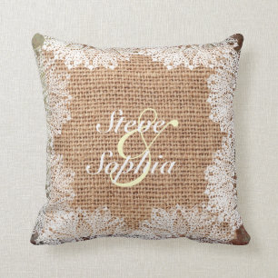 Personalised Jute Burlap and Lace Cushion