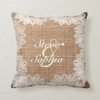 Personalised Jute Burlap and Lace Cushion