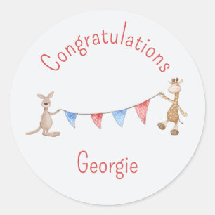 Personalised Kangaroo and Giraffe Congratulations Classic Round Sticker