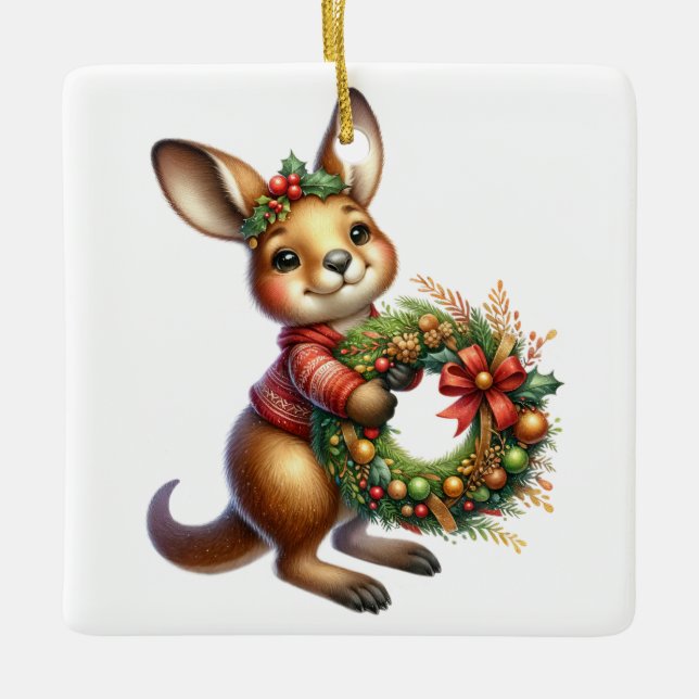 Personalised Kangaroo Australian Christmas Ceramic Ornament (Front)