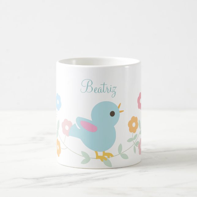 Personalised Kawaii Bird and Flowers Coffee Mug (Center)