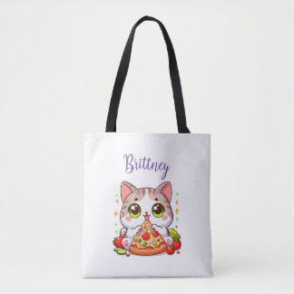 Personalised Kawaii Cat Eating Pizza Custom Tote Bag