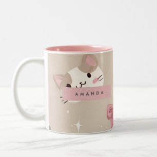 Personalised Kawaii Cat Face Pattern Two-Tone Coffee Mug
