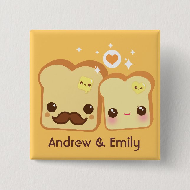 Personalised - Kawaii cute toasts couple 15 Cm Square Badge (Front)