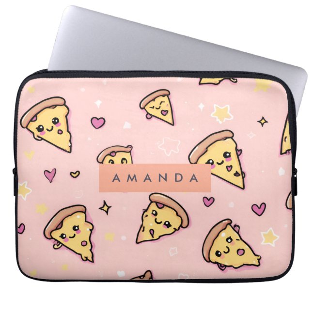 Personalised Kawaii Fun Pizza Slice Pattern Laptop Sleeve (Front)