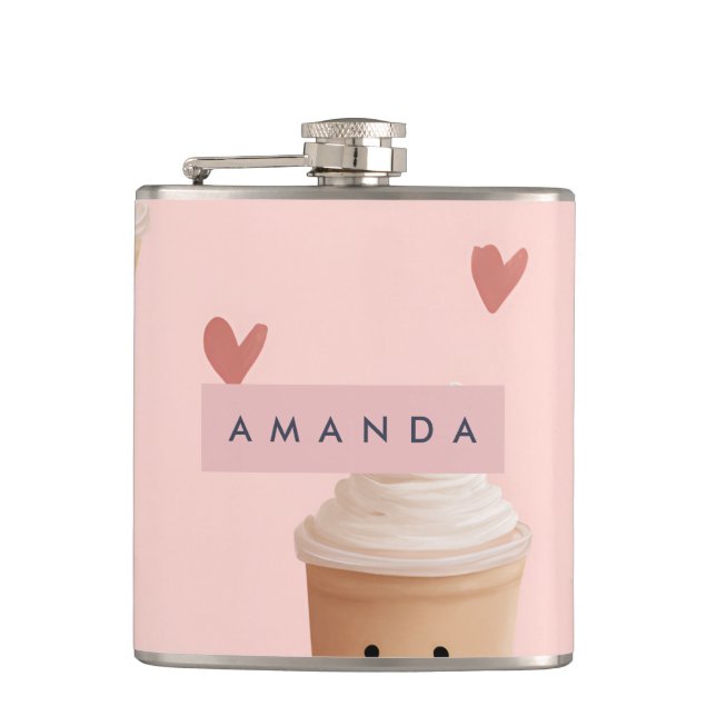 Personalised Kawaii Iced Coffee Pattern Hip Flask (Front)