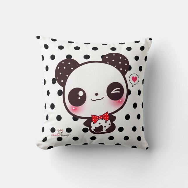 Personalised Kawaii panda on black polka dots Cushion (Front)