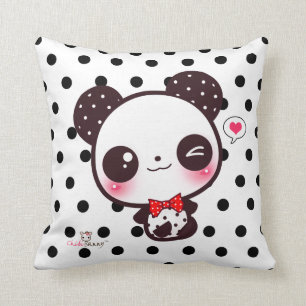 Personalised Kawaii panda on black polka dots Cushion