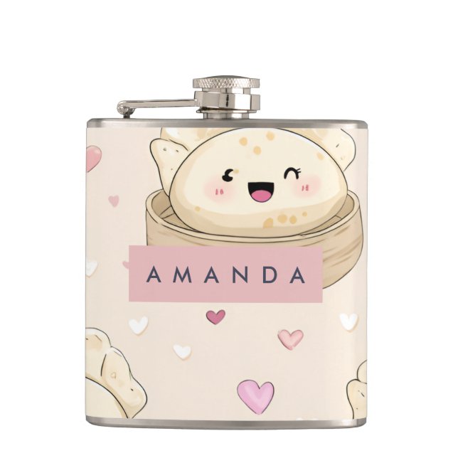 Personalised Kawaii Pastel Dumpling Pattern Hip Flask (Front)