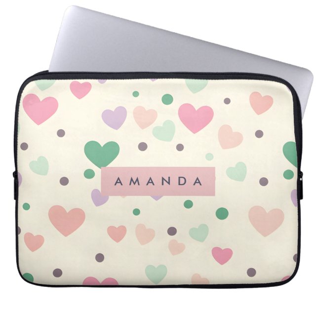 Personalised Kawaii Pastel Hearts & Dots Laptop Sleeve (Front)