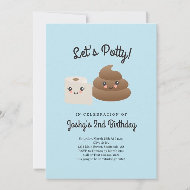 Personalised Kawaii Poop & TP (Toilet Paper) Party Invitation (Front)