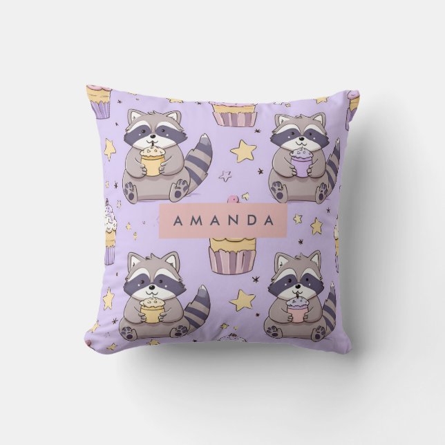 Personalised Kawaii Raccoons with Cupcakes Pattern Cushion (Front)