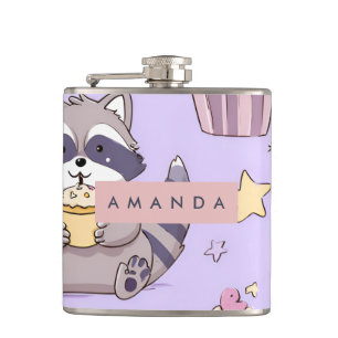 Personalised Kawaii Raccoons with Cupcakes Pattern Hip Flask