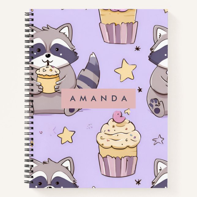 Personalised Kawaii Raccoons with Cupcakes Pattern Notebook (Front)
