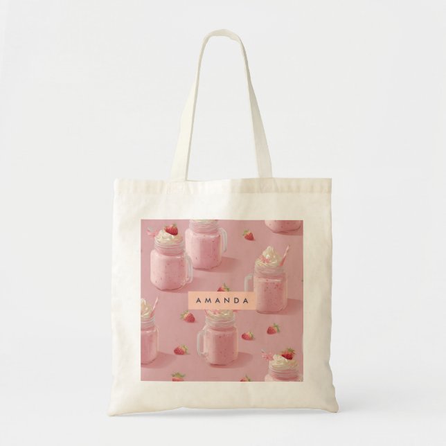 Personalised Kawaii Strawberry Milkshake Pattern Tote Bag (Front)