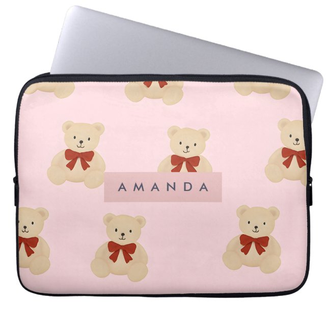 Personalised Kawaii Teddy Bear Pattern Laptop Sleeve (Front)