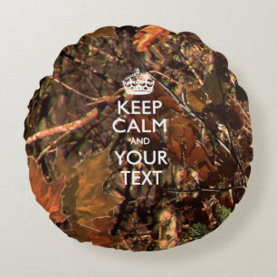 Personalised KEEP CALM AND Your Text Hunter Camo Round Cushion