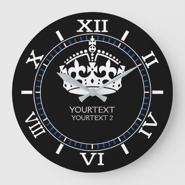 Personalised KEEP CALM Crown Text Black Dial on a Large Clock (Front)
