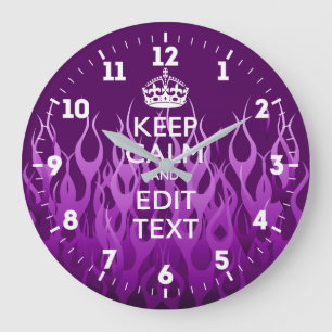 Personalised Keep Calm Get Your Text Purple Flames Large Clock