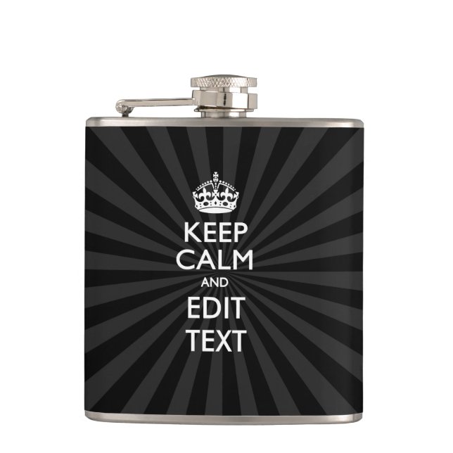 Personalised KEEP CALM Your Text Black Sunburst Hip Flask (Front)