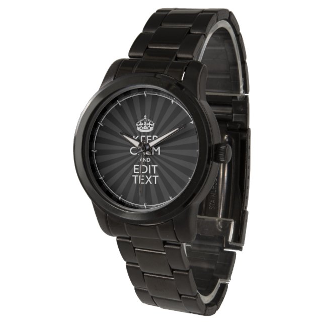 Personalised KEEP CALM Your Text Black Sunburst Watch (Angled)