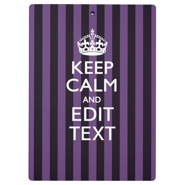 Personalised KEEP CALM Your Text on Purple Stripes Clipboard (Back)