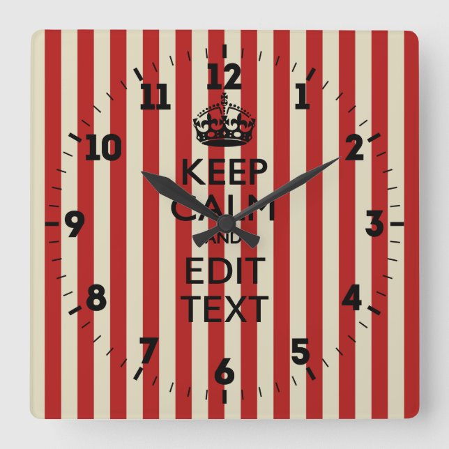 Personalised Keep Calm Your Text Popcorn Stripes Square Wall Clock (Front)